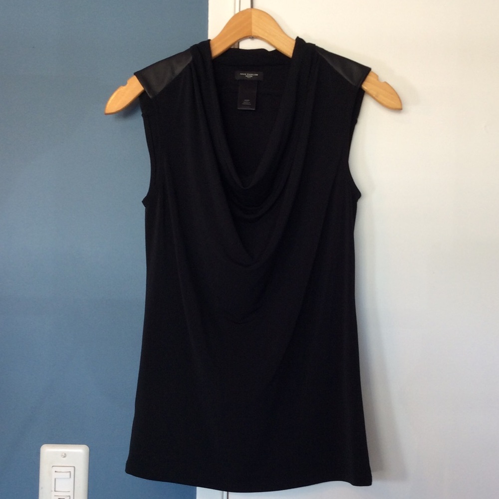 Ann Taylor black cowl neck top faux leather detail